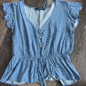 One Clothing Blue and White Polka Dot Blouse